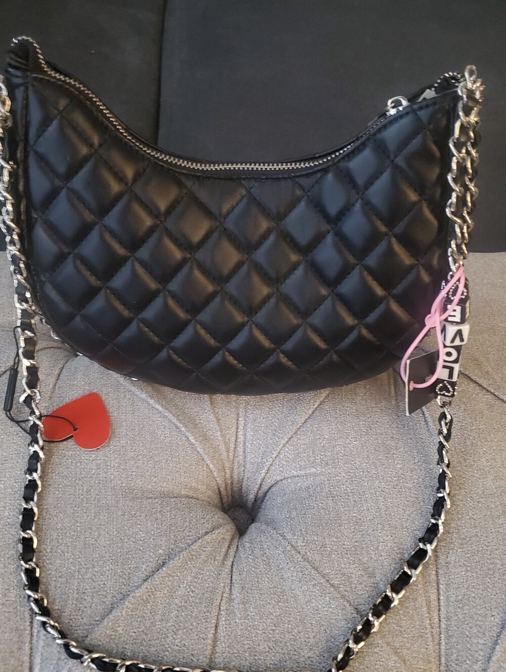 Like Dreams Quilted Black Vegan Leather Shoulder Bag with Chain Strap